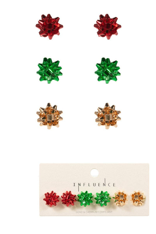 Set of 3 Bow Stud Earrings. Red, Green, and Gold C3ES2360