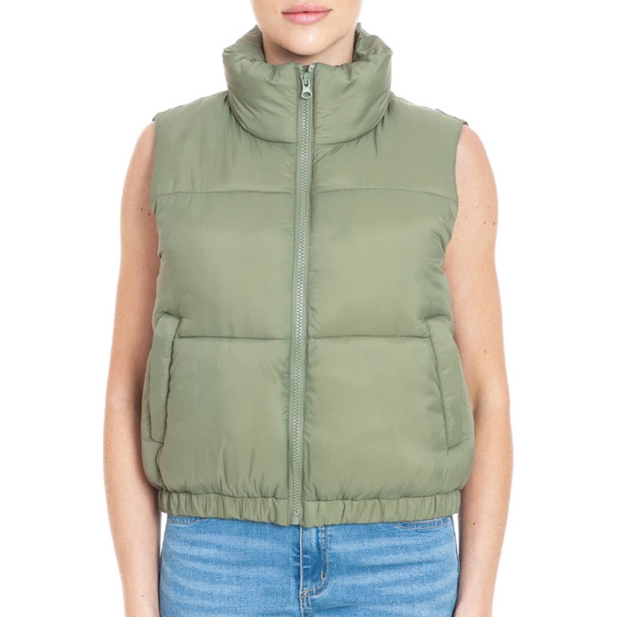 Nylon High Neck Faux Down Puffer Vest  GUJC-792