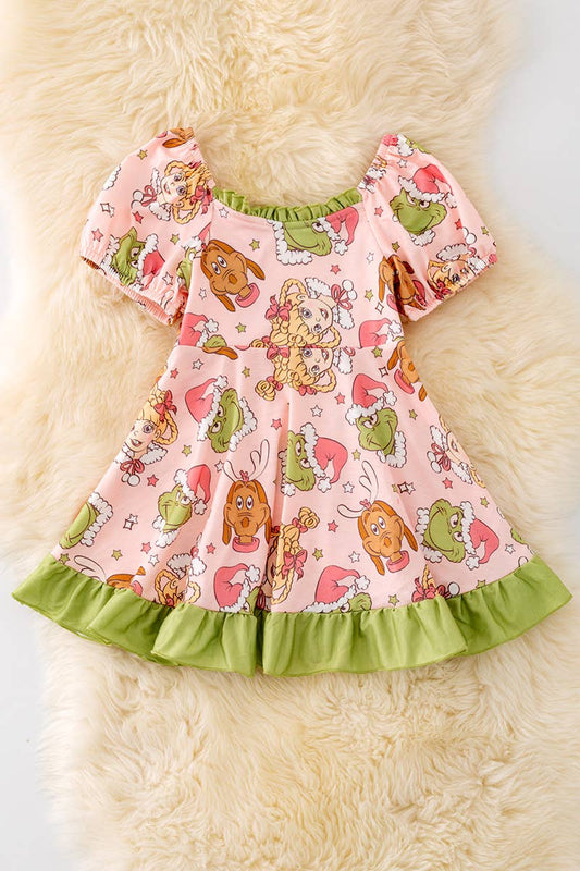 Character printed on pink ruffle hem dress. DRG42307