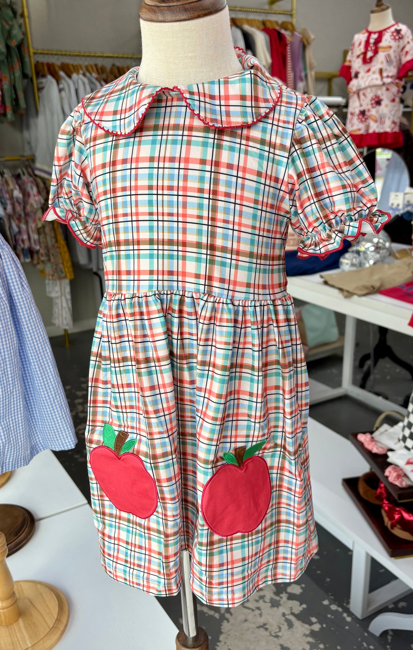 Back to school apple plaid girls dress apple appliqué Peter Pan collar 051926HS6