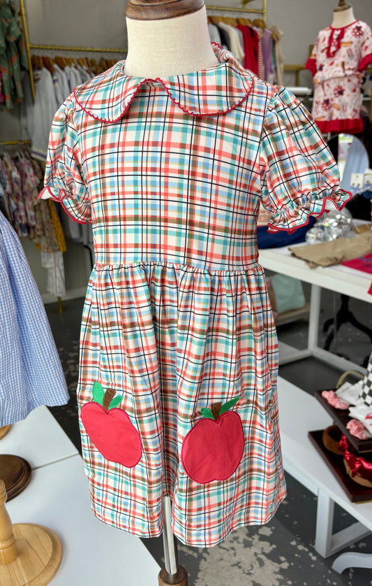 Back to school apple plaid girls dress apple appliqué Peter Pan collar 051926HS6