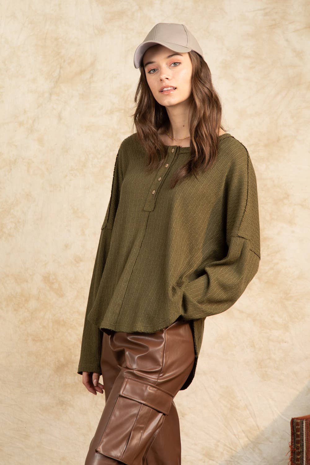 Button Down Oversized Soft Henley Knit Top NT11146-