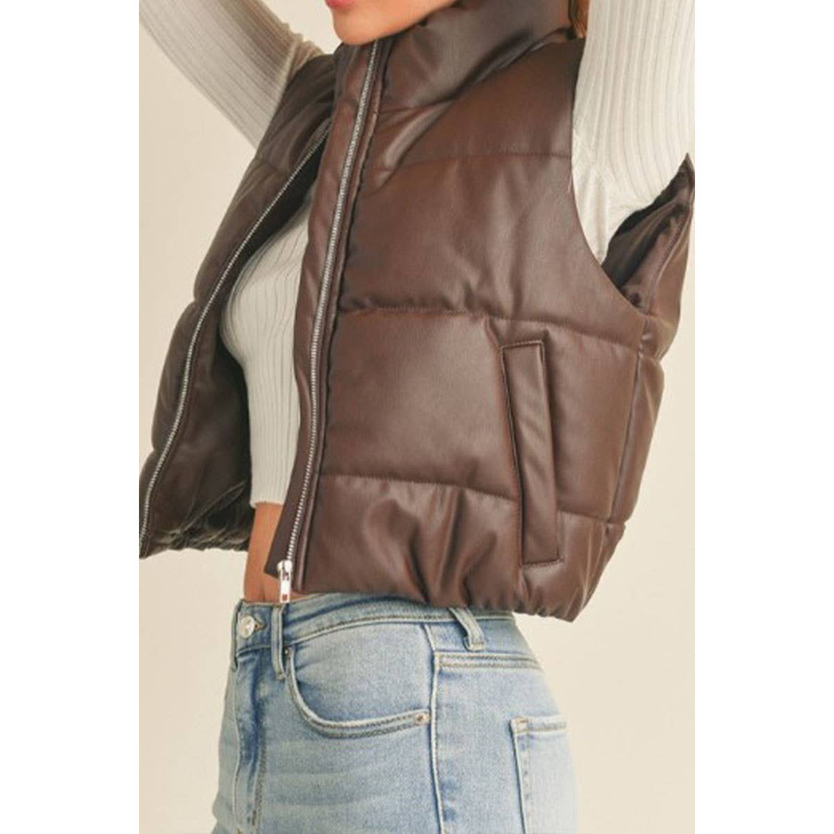 FAUX LEATHER HIGH NECK ZIP UP PUFFER VEST GJC4700