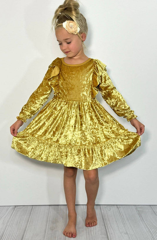 Golden Velvet Ruffle Girls Dress 47021