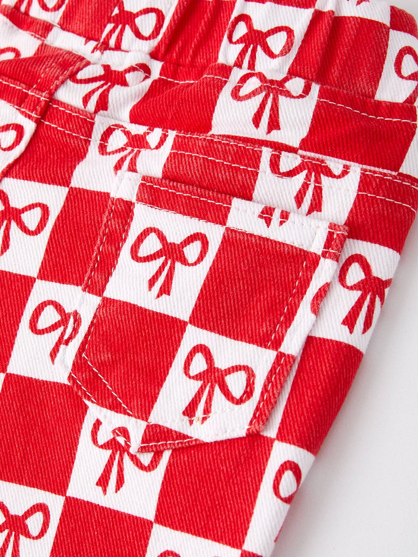 Girls Red Bow Print Plaid Flared Jeans PNG4074