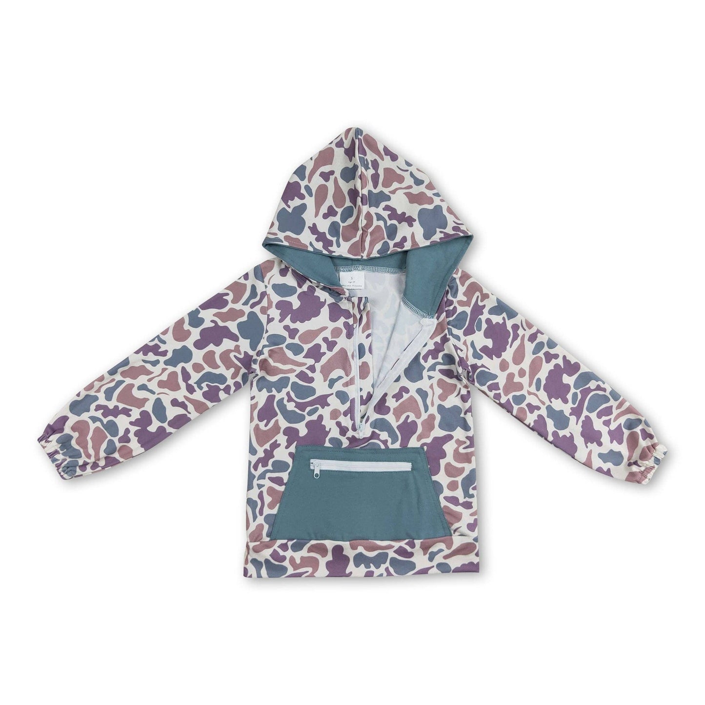 Long sleeves green camo pocket zipper boys hoodie BT0754