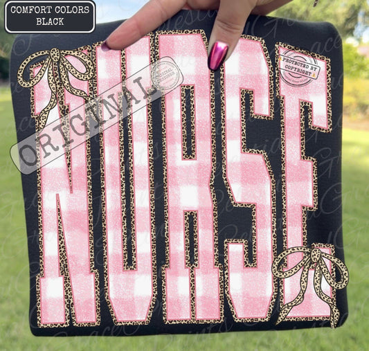 Cheetah Pink Gingham Nurse - T SHIRT (COMFORT COLOR/BELLA/LAT)