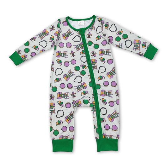 Green glasses baby boys Mardi Gras zipper romper  2039