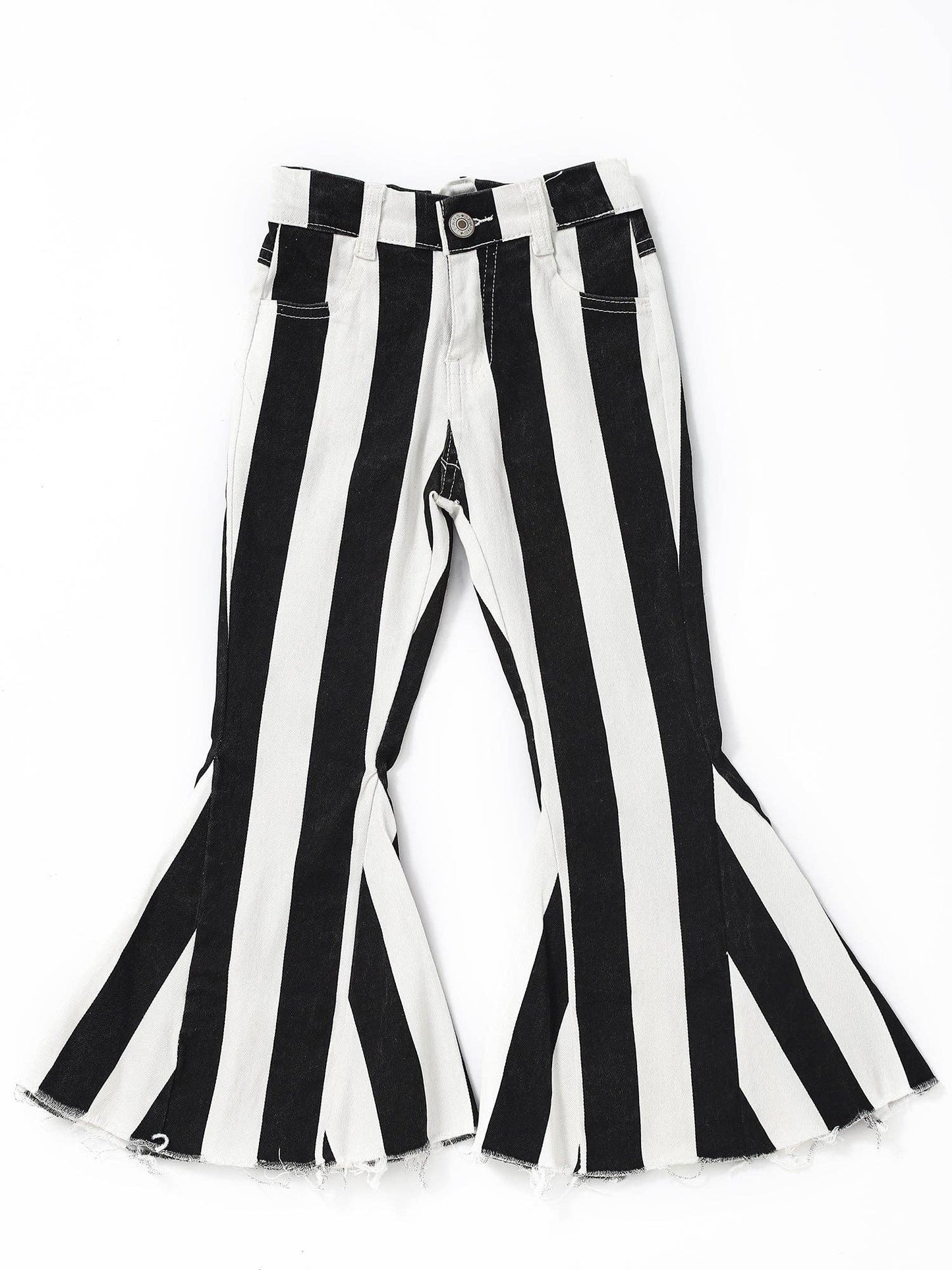 Black White Stripe Girls Flare Jeans