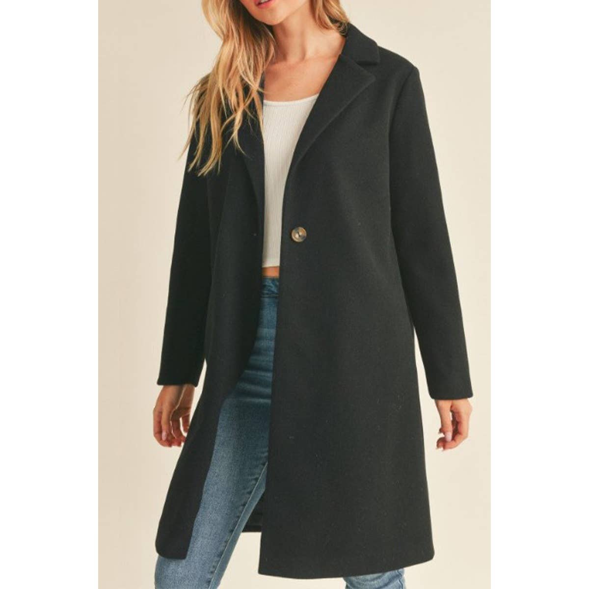 FAUX WOOL SINGLE BREASTED NOTCHED COLLAR LONG COAT GJC757