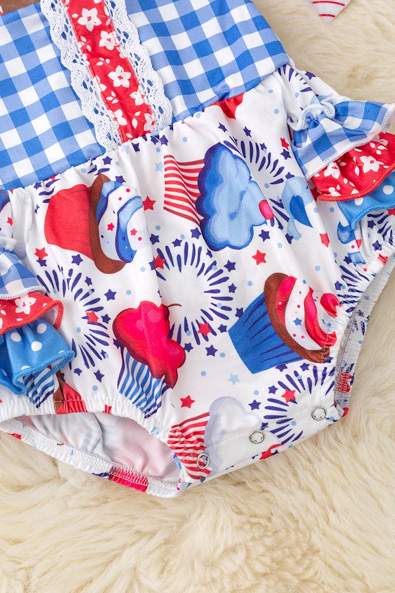 Cup cake printed patriotic baby onesie w/ruffle butt. RPG50579 AMY