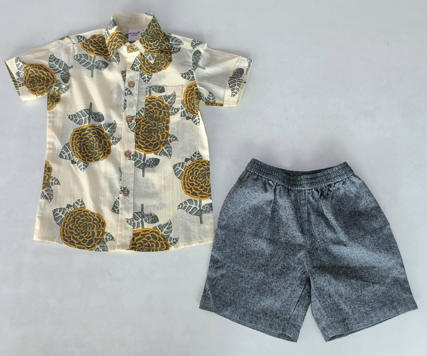 Mustard & Grey Floral Print Boys Shirt & Black Chambray Shorts YB2569