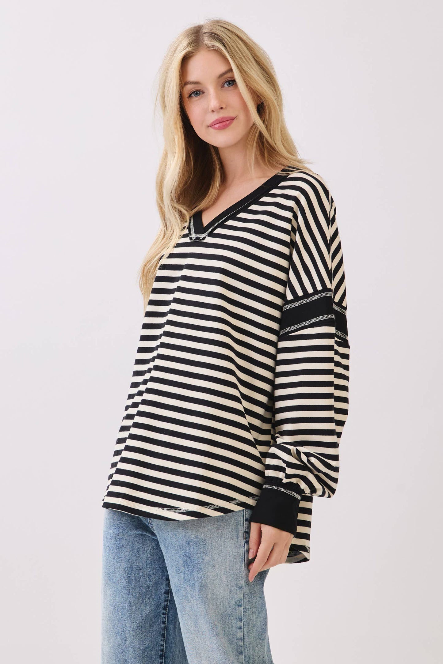 Striped Balloon Sleeve V-Neck Knit Top-SBSVK