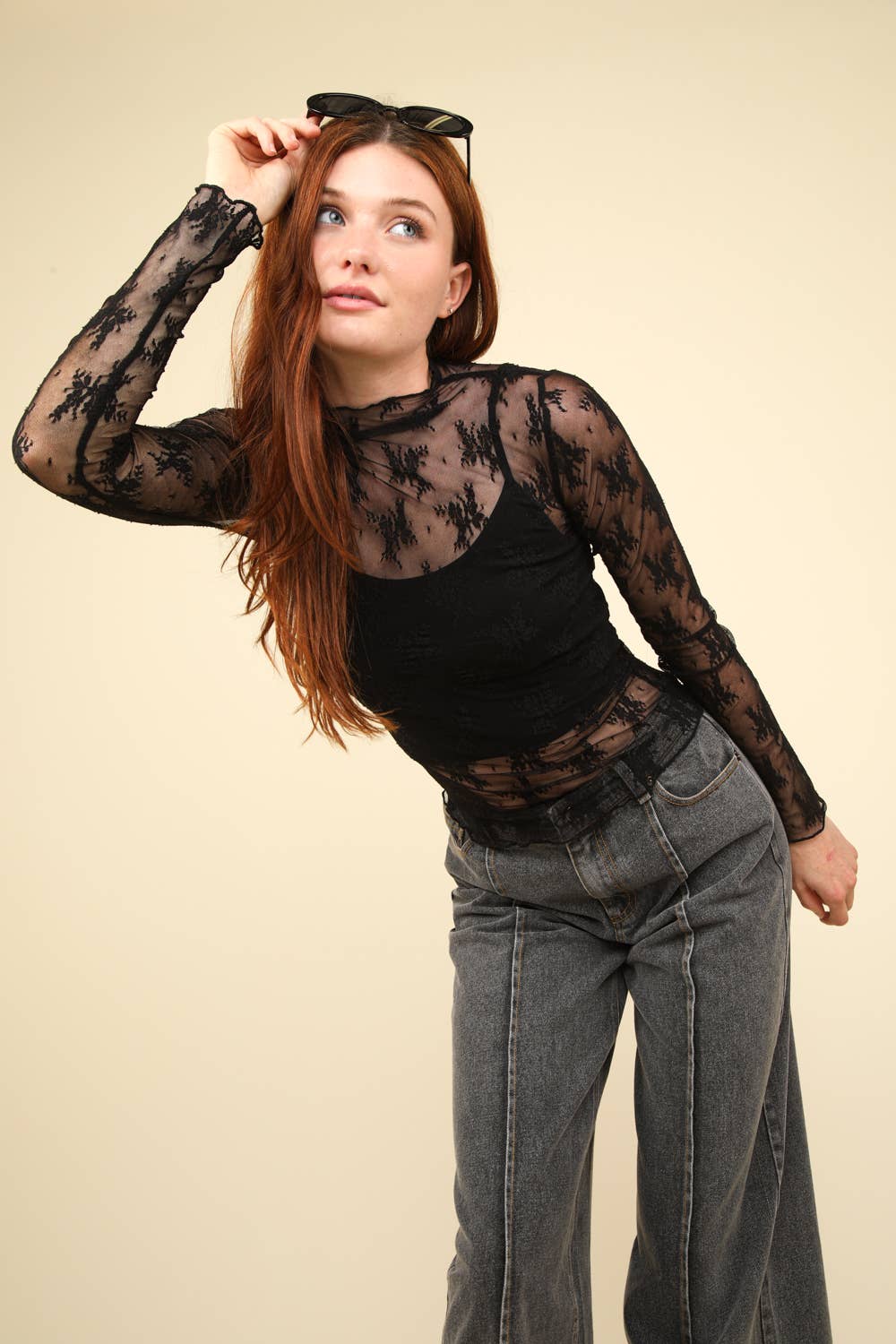 High Neck Fitted Sheer Mesh Lace Knit Top 11909