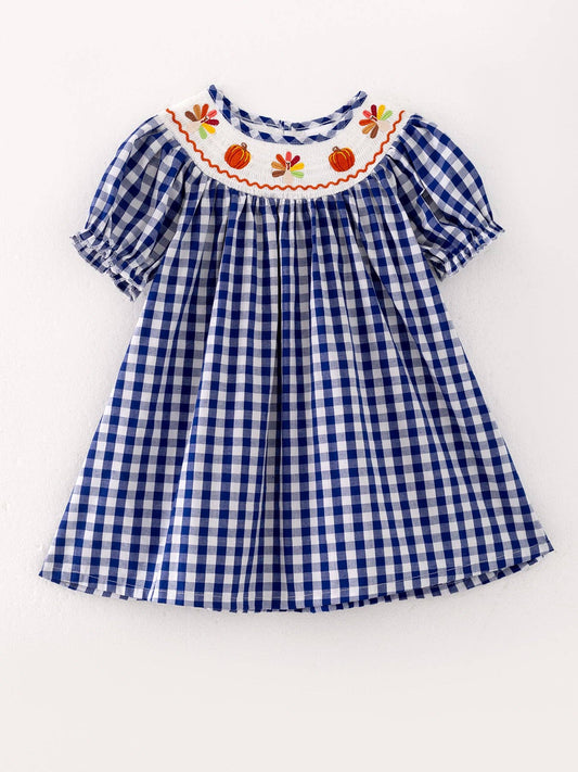 Thanksgiving Turkey Pumpkin Smocking Embroidery Blue Plaid Girls Dress DRG42831