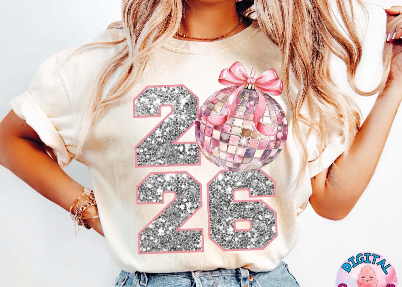 2026 with DISCO BALL and BOW - T SHIRT - (Jerzee/Gildan)