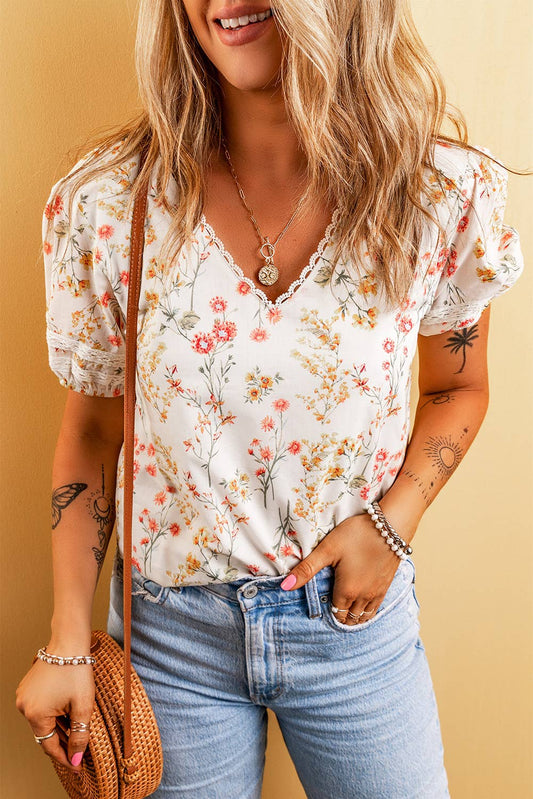 Boho Floral Lace Trim Short Sleeve Blouse - LDC