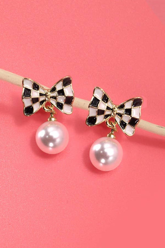JOSSLYN by Wall to Wall - CHECKER BOW PEARL DROP EARRINGS | 80E3250