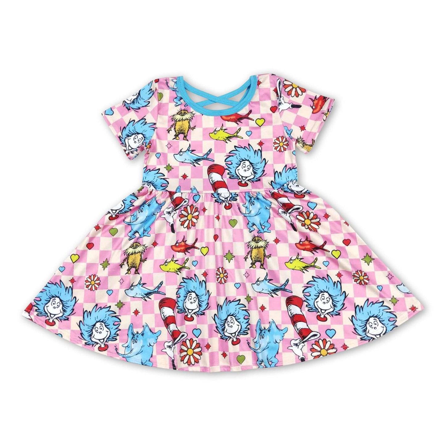 Pink plaid hat elephant short sleeves girls dresses (PPH-ESSE)