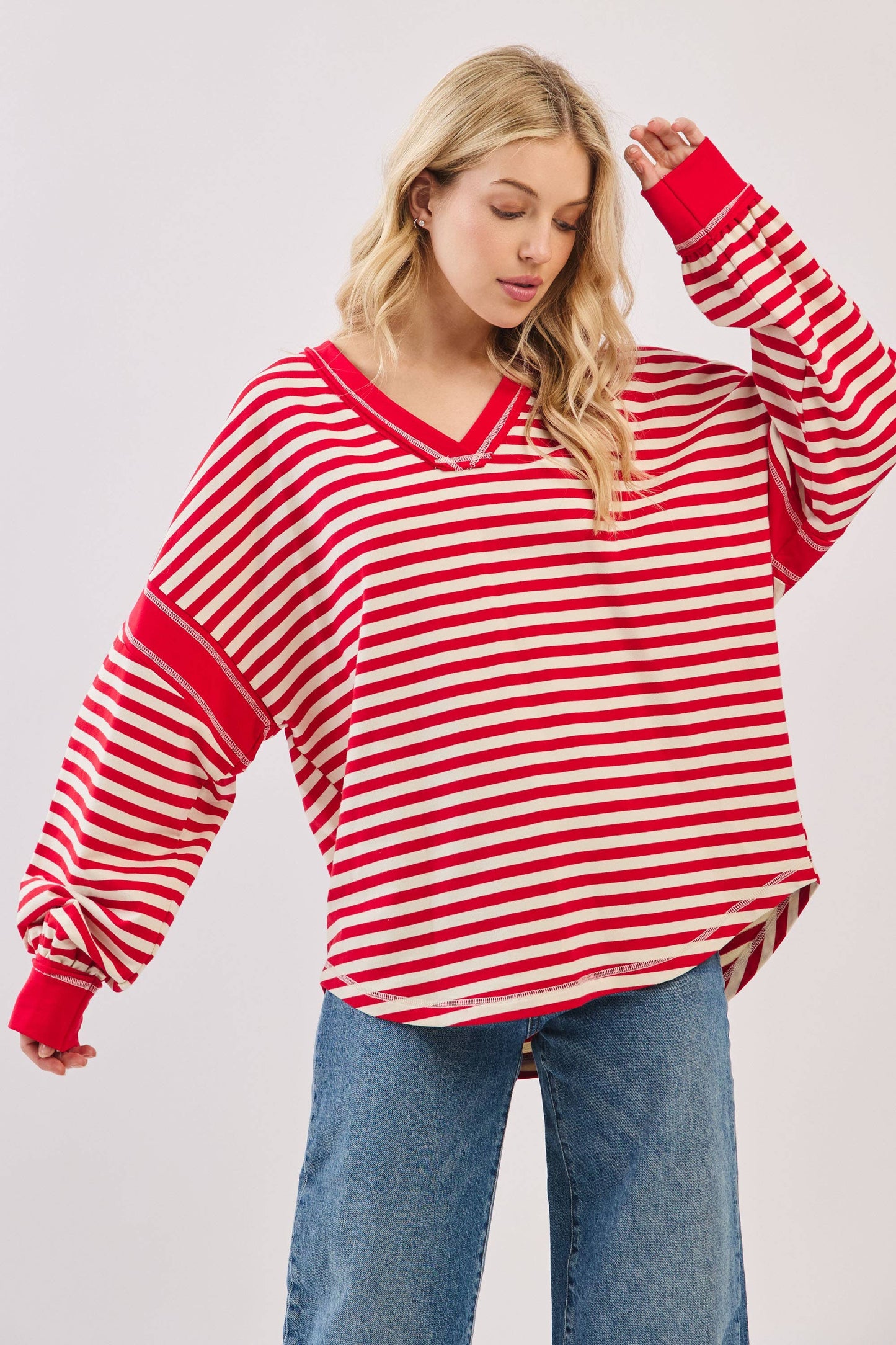 Striped Balloon Sleeve V-Neck Knit Top-SBSVK