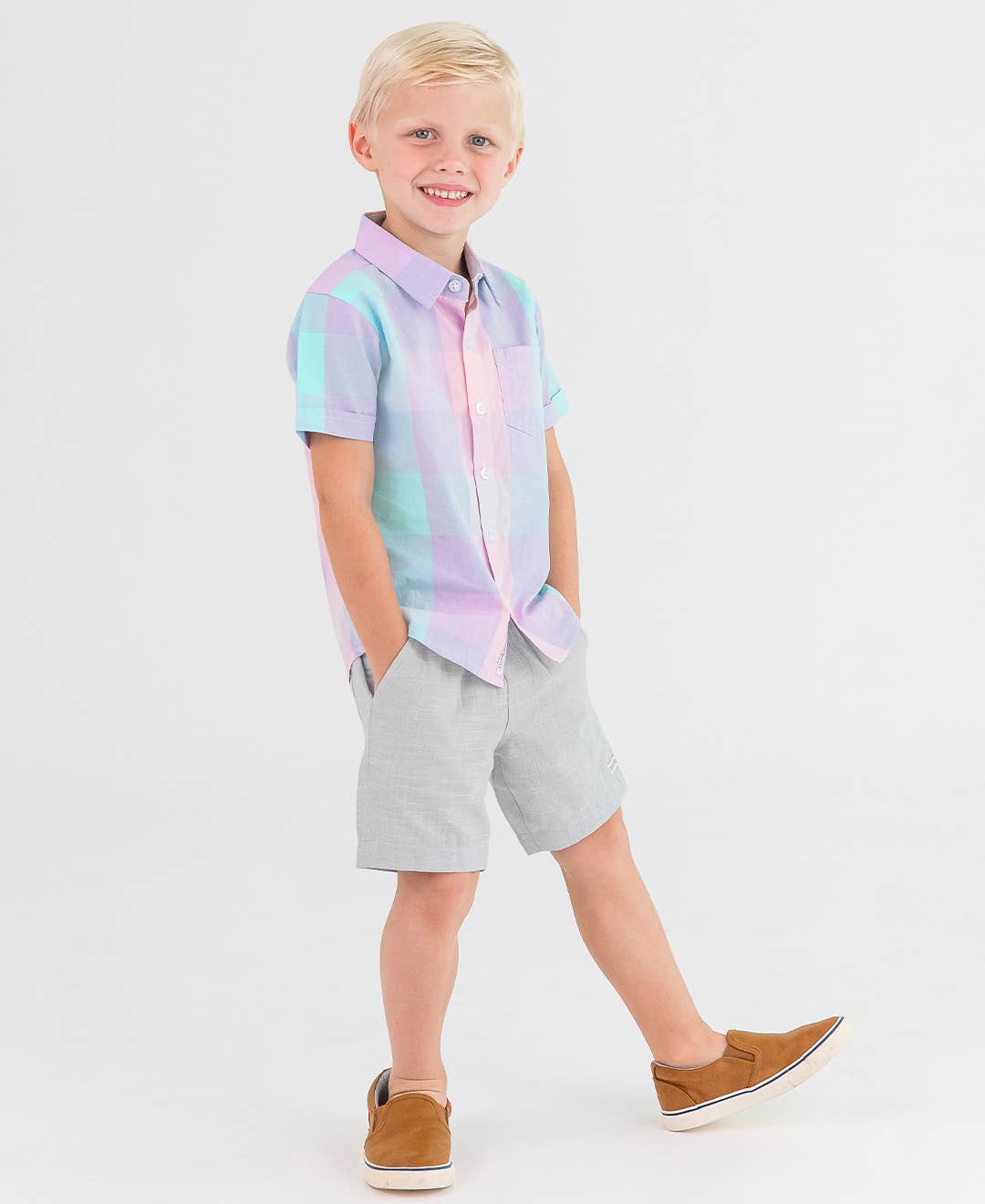 Boys Cotton Candy Plaid Short Sleeve Button Down Shirt 12778