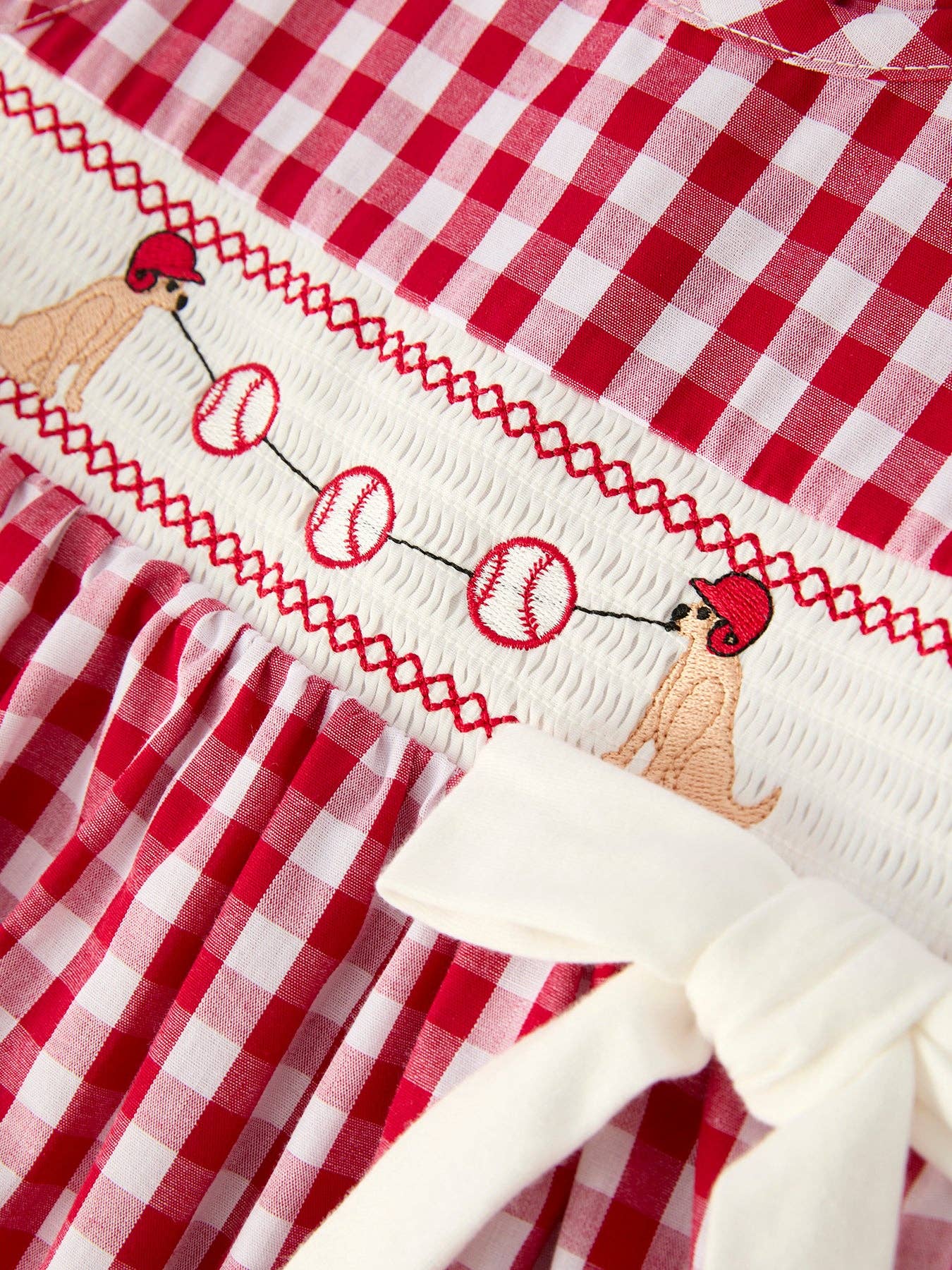 Mommy & Me Girl Dress Dog Baseball Smocking Embroidery Outfit 011226AJ