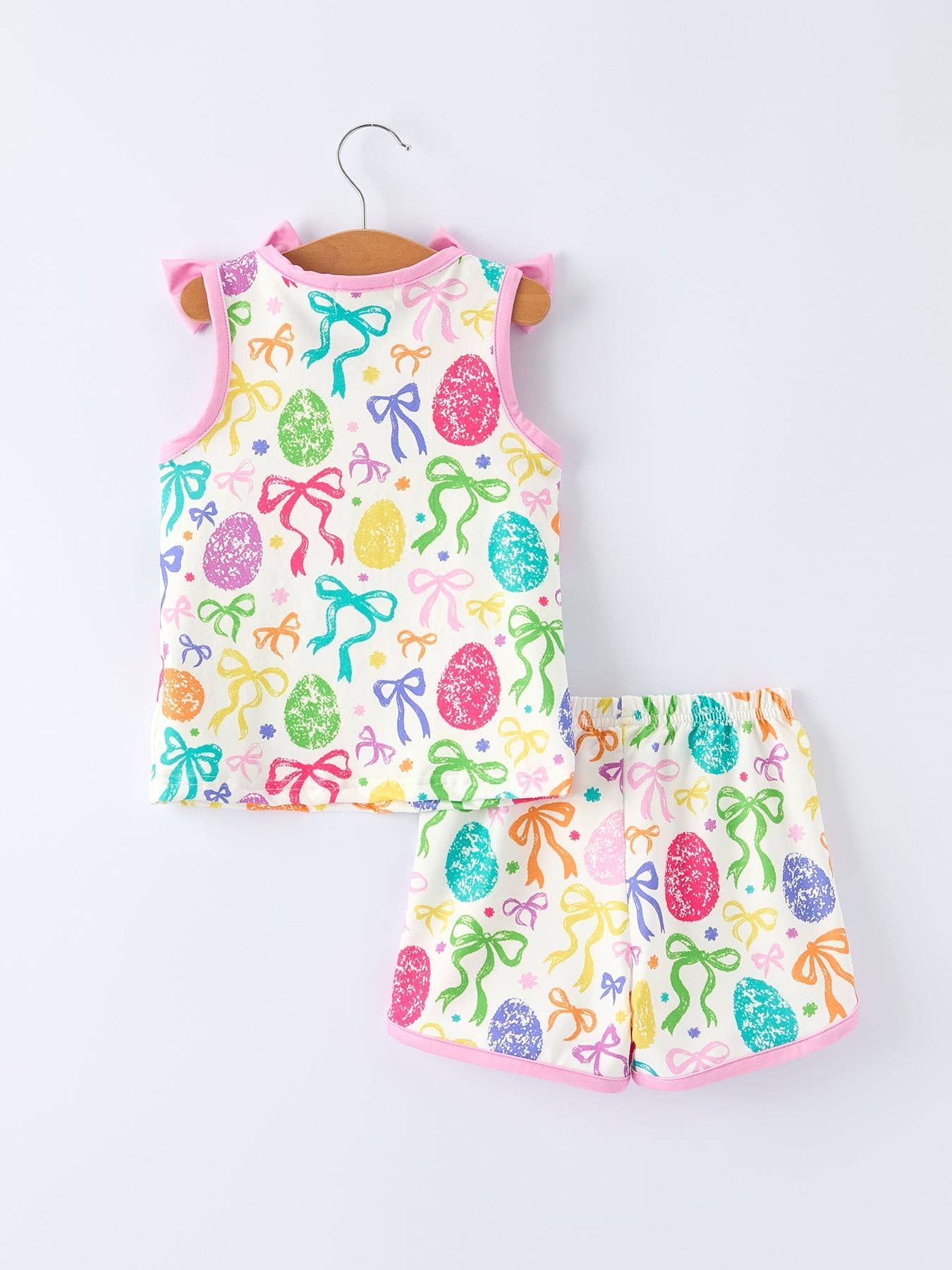 Rainbow Easter Egg Print Bow Sleeveless Vest Top and Shorts Set AJ12126