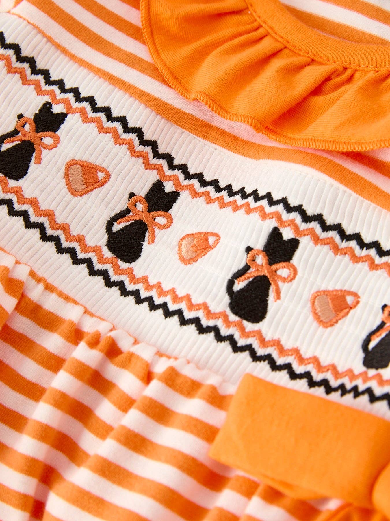 Rylee Faith Designs - Halloween Striped Baby Girls Romper with Cat Smocking Embroidery -110825br