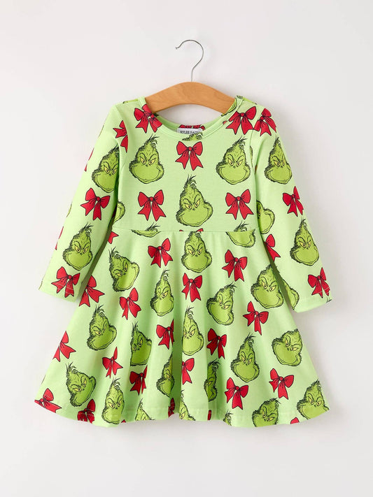 Winter Christmas Grinch Bow Print Green Girls Dress-WCGBP