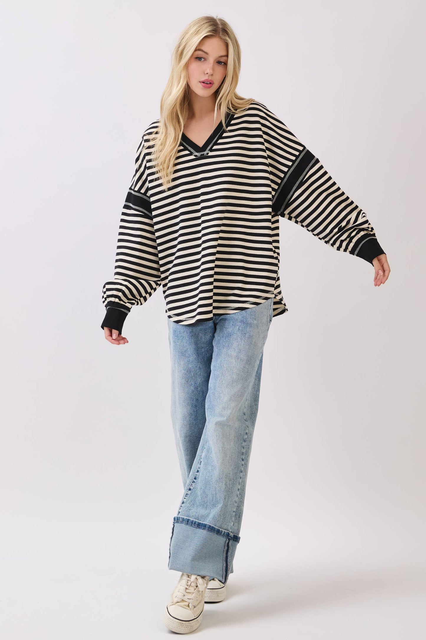 Striped Balloon Sleeve V-Neck Knit Top-SBSVK