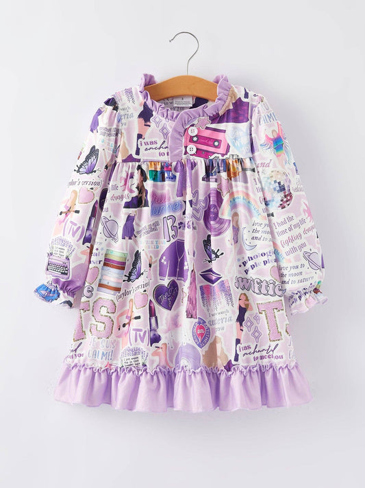 TS Character Print Girls Purple Dress  DRG43179