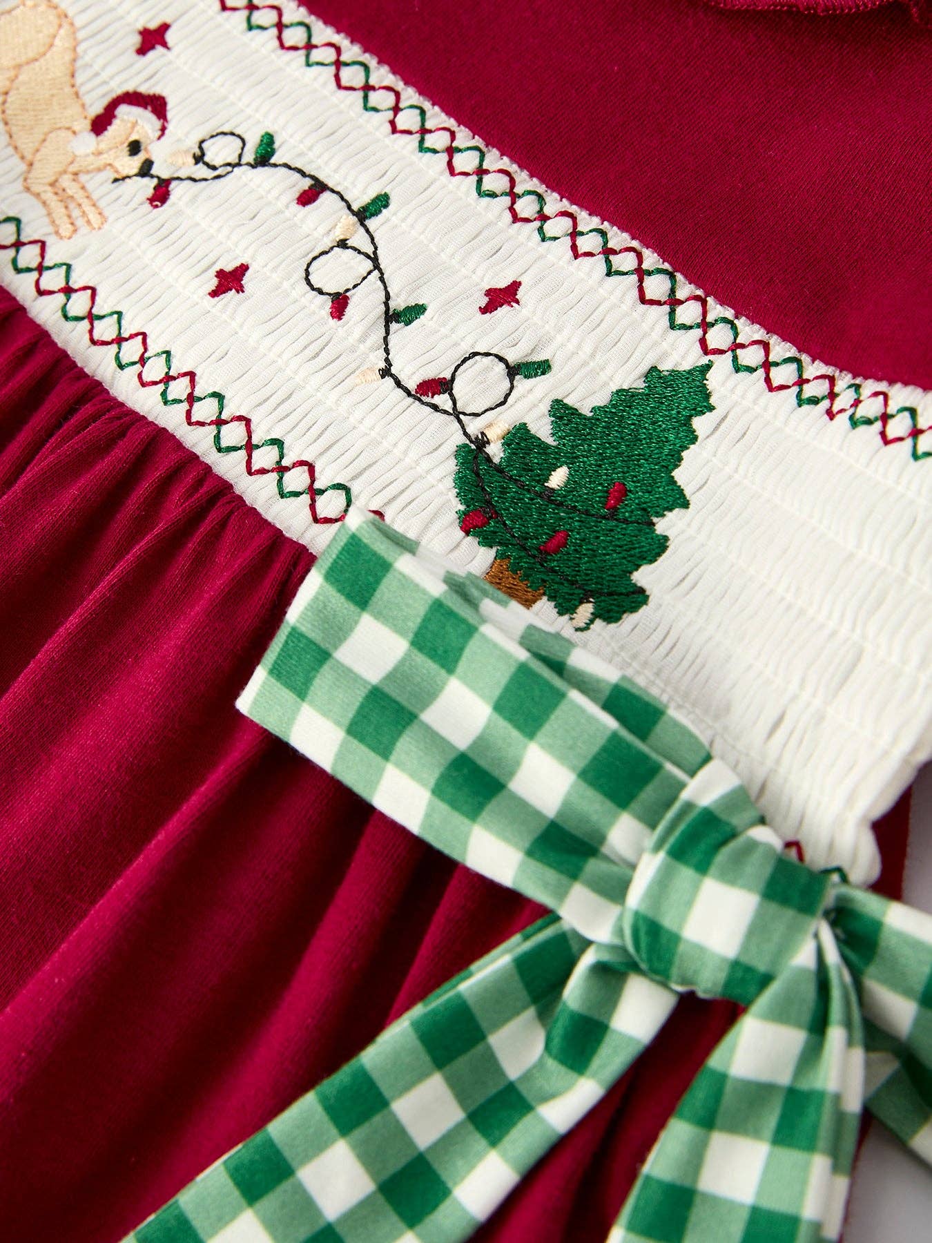 Rylee Faith Designs - Christmas Smocking Embroidered Girls Dress with Green Plaid Bow - 10.14Et