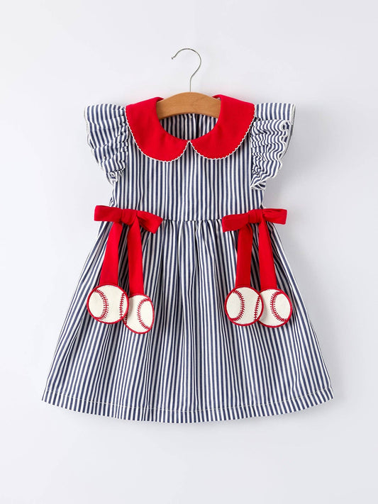 Girls Baseball Striped Ruffle Sleeve Dress 011226AJ