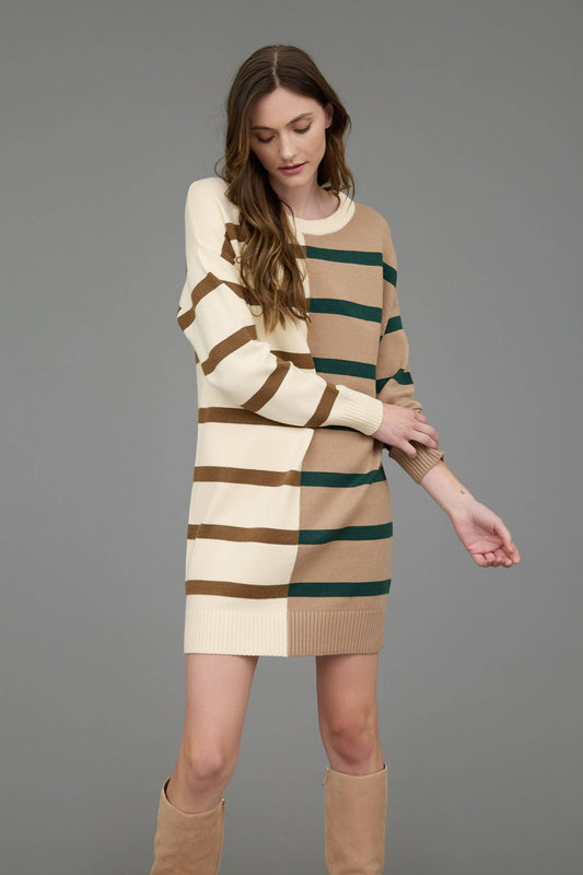 STRIPE COLORBLOCK LONG SLEEVE MINI SWEATER DRESS CR2374