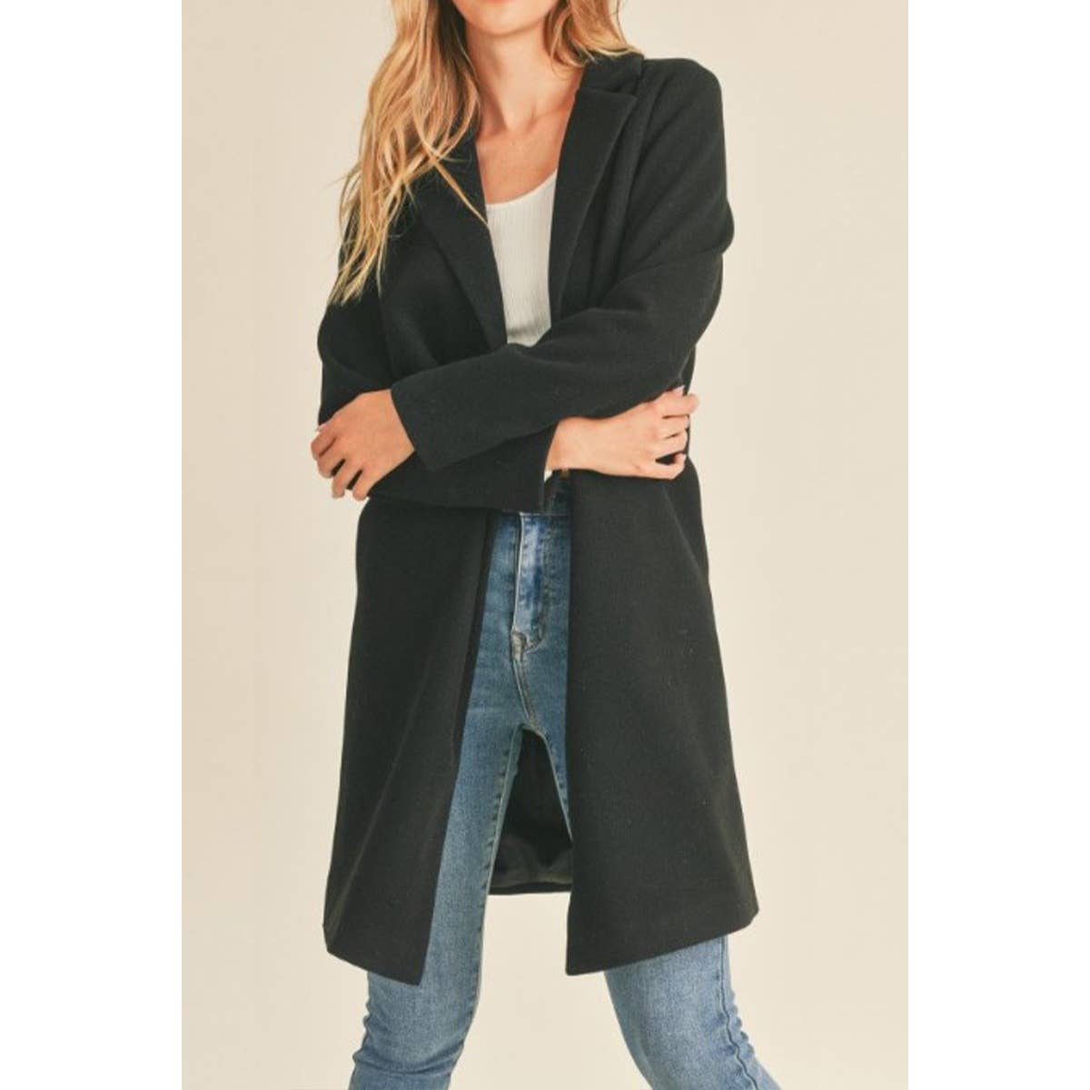 FAUX WOOL SINGLE BREASTED NOTCHED COLLAR LONG COAT GJC757