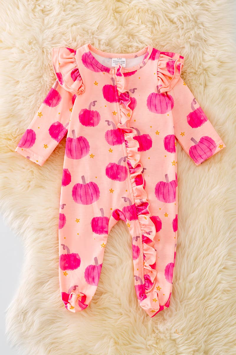 HOT PINK PUMPKIN PRINTED BABY ONESIE W/RUFFLE TRPG40