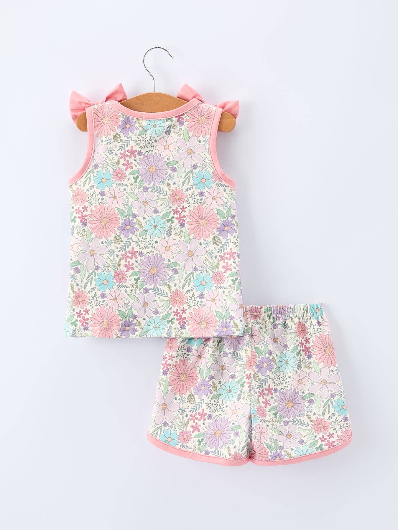 Girls Pink Floral Sleeveless Vest Top and Shorts Set Aj12126