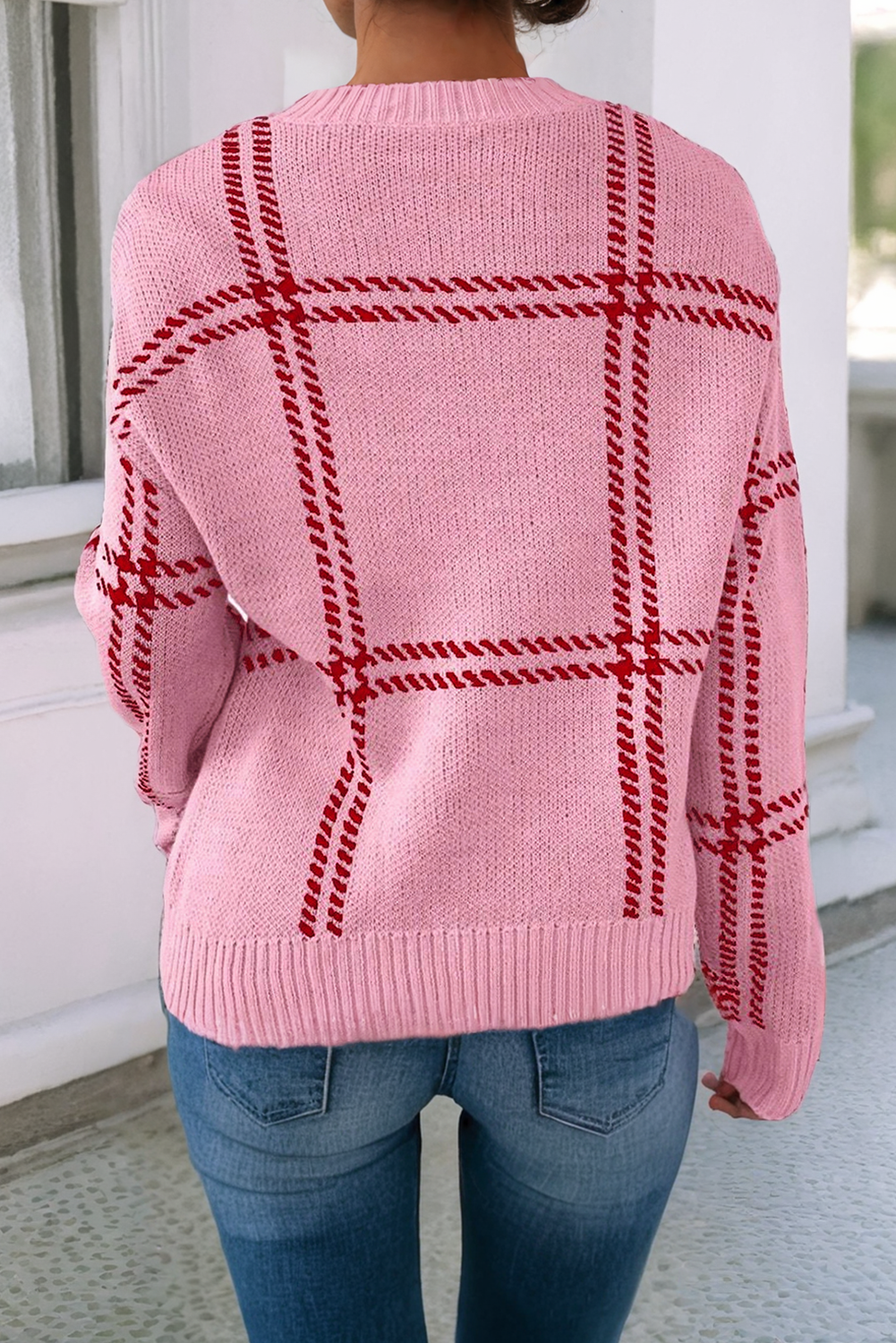 Plaid Pattern Knitted Drop Shoulder Sweater 1624