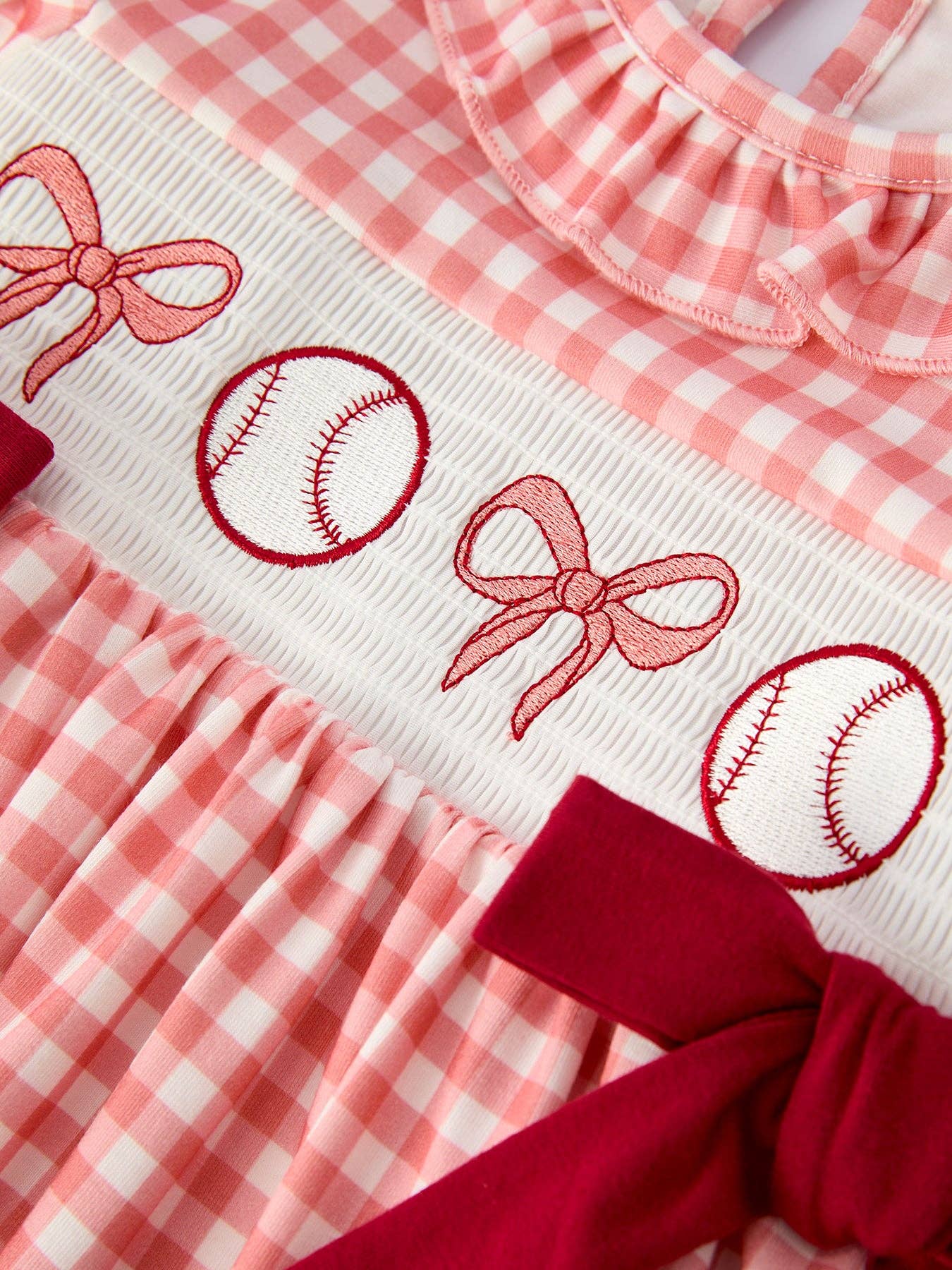 Baseball Embroidery Smocked Ruffle Plaid Girl Dress 1122026AL