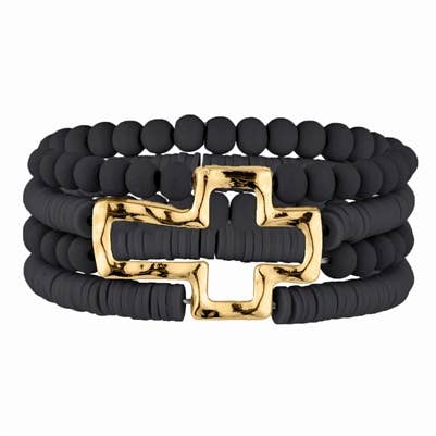 Black Wood and Rubber with Gold Cross Stretch Bracelet  CB3255