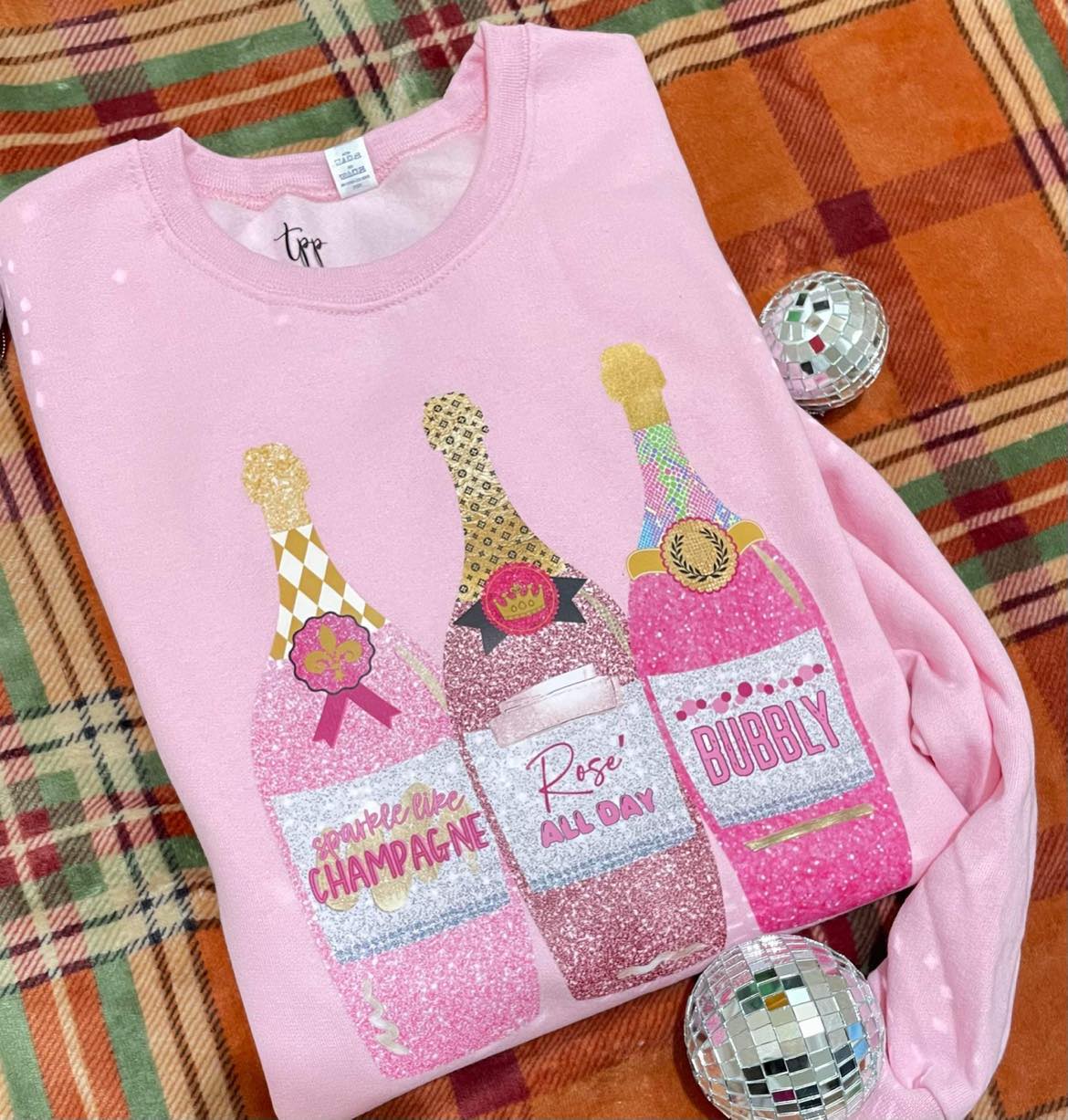 Champagne bottles pink glitter  sweatshirts (three bottles )