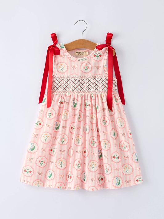 Spring Pink Floral Bow Smocked Girl Dress-020226br