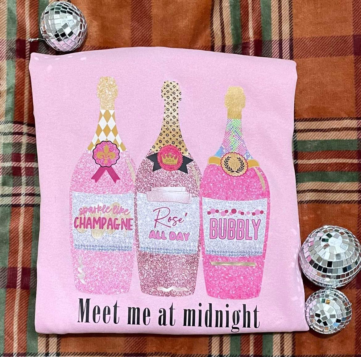 Champagne bottles pink glitter  sweatshirts (three bottles )