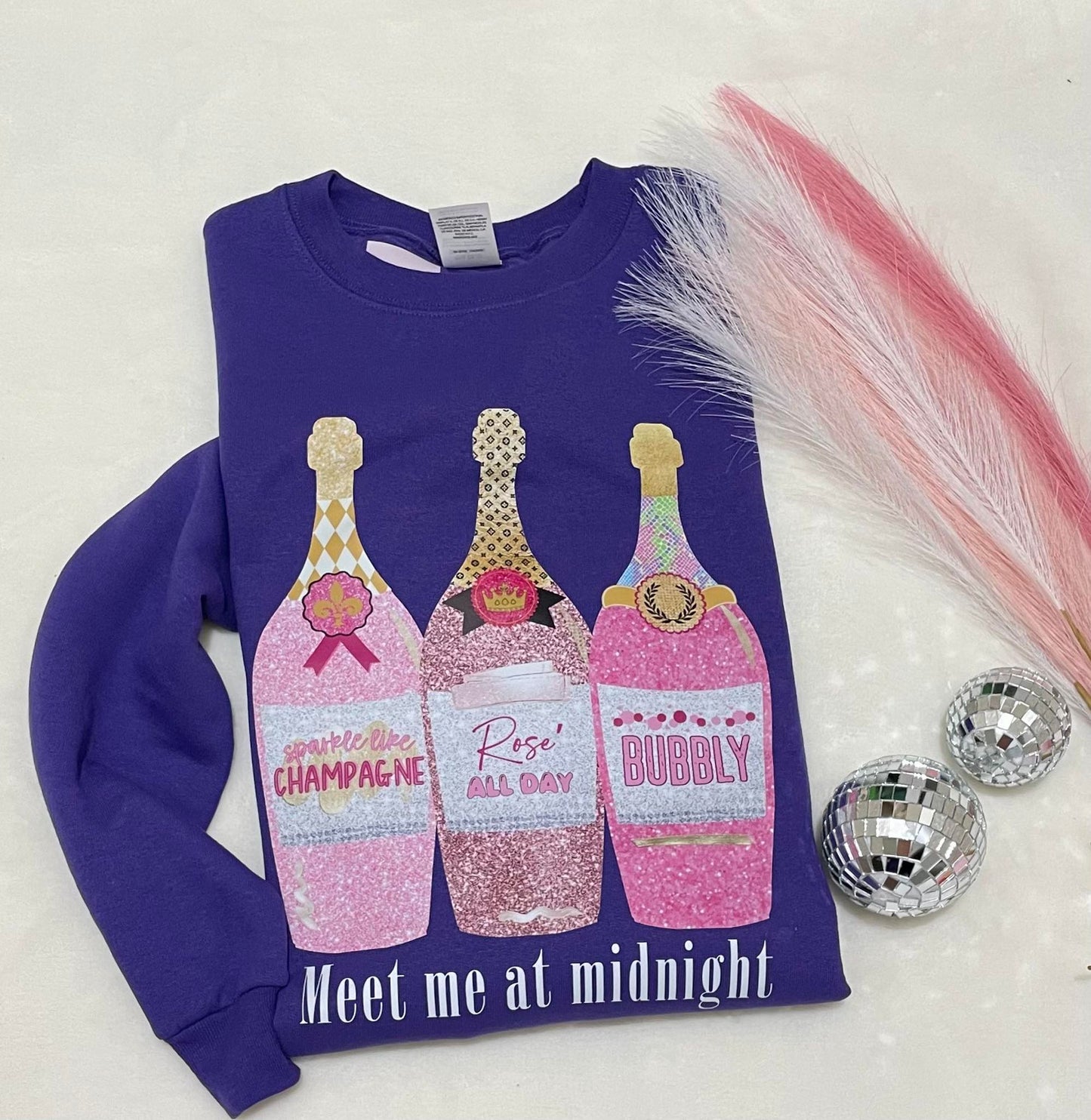 Champagne bottles pink glitter  sweatshirts (three bottles )