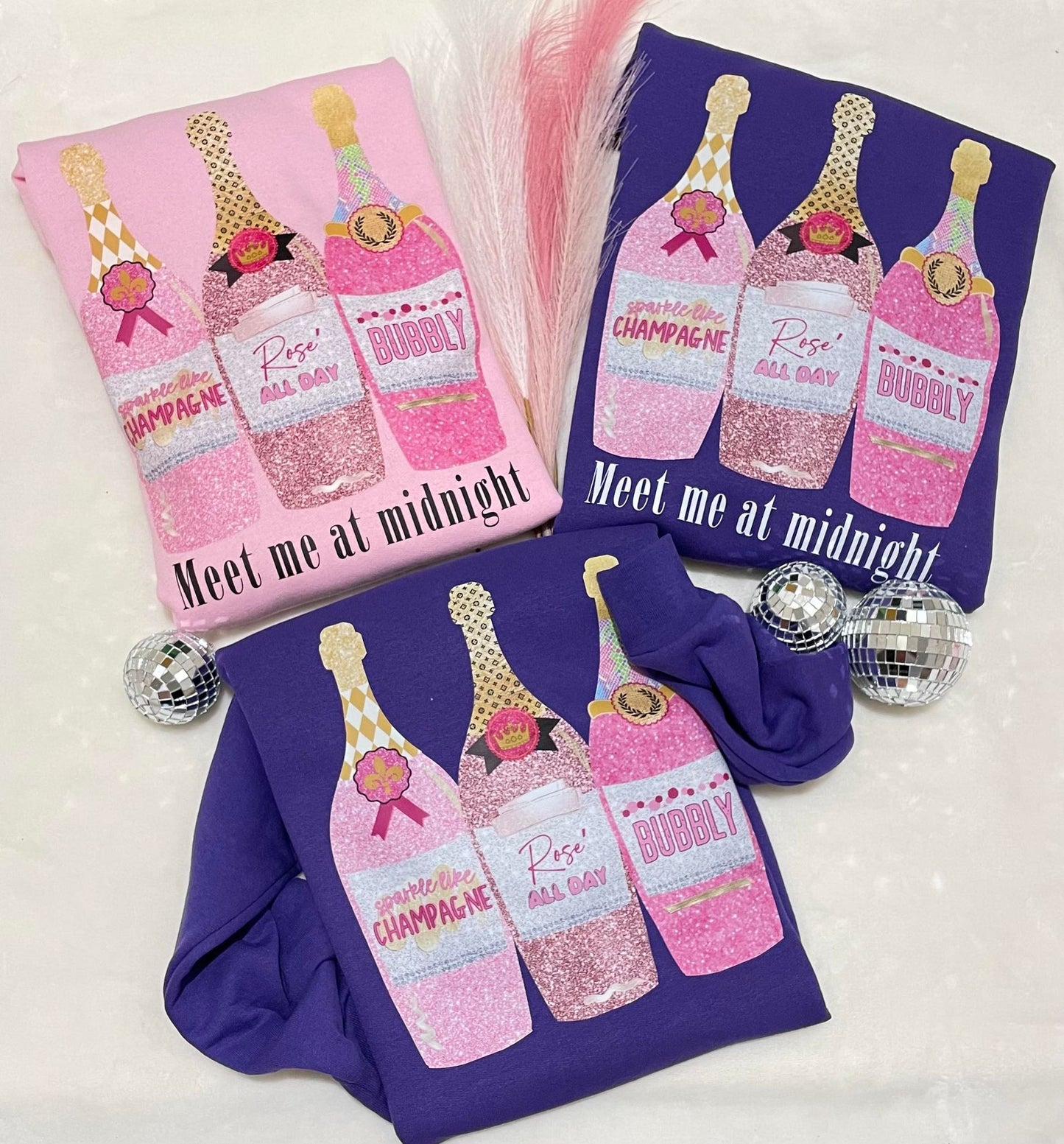 Champagne bottles pink glitter  sweatshirts (three bottles )