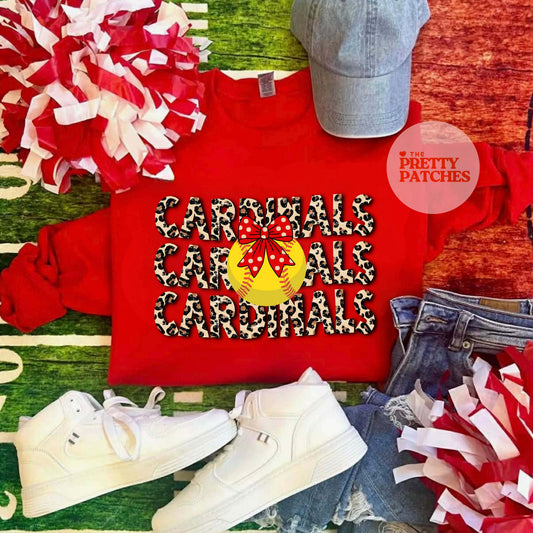 Cheetah Cardinals Softball with Bow - T SHIRT - (Gildan/Jerzee)