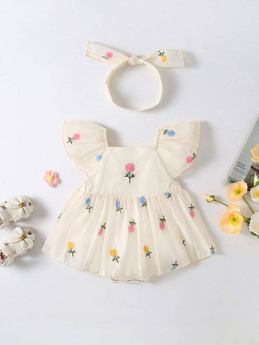 Storybook Floral Flying sleeves Girl Romper With Headband 02182026KA1
