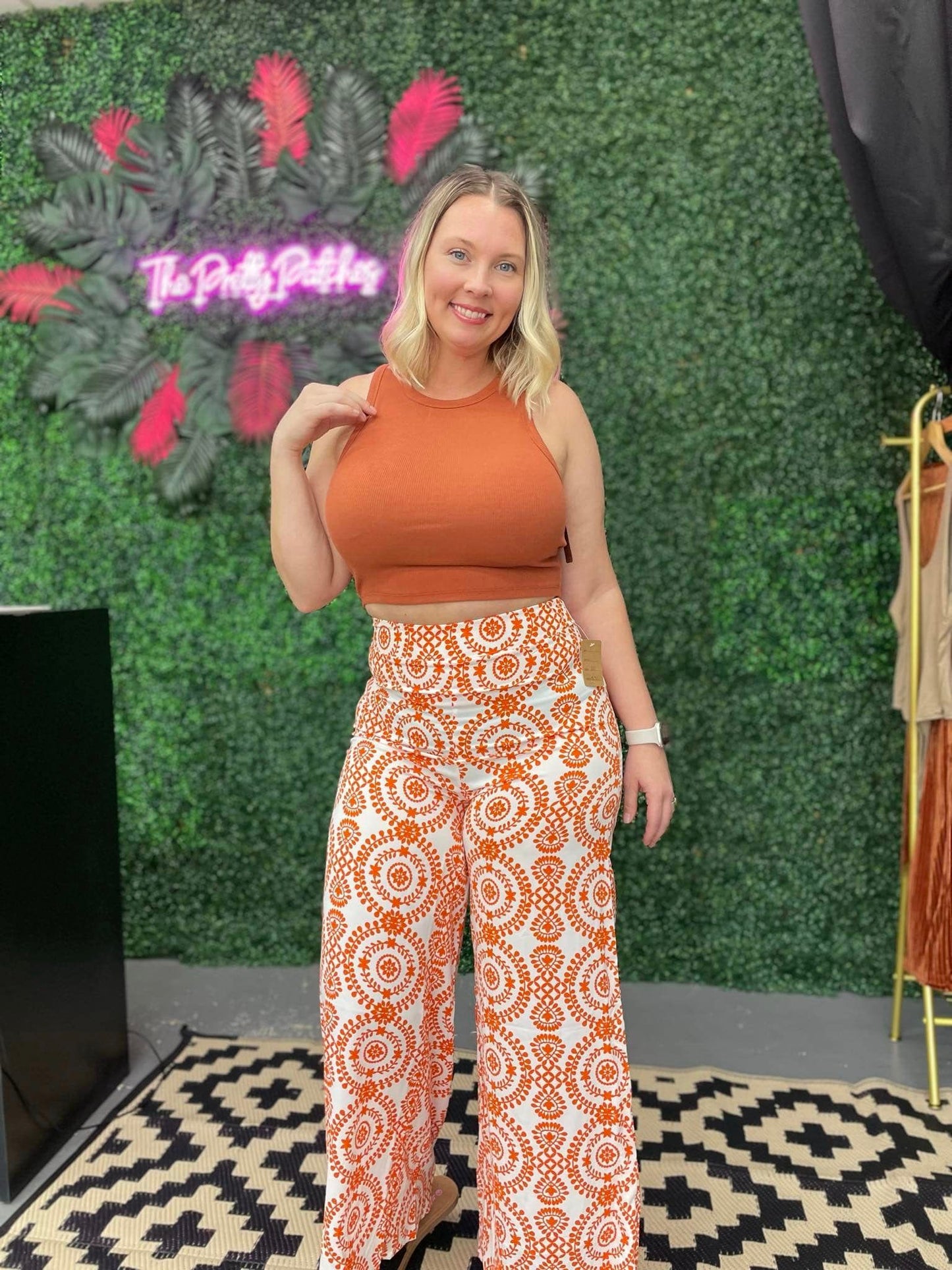 Orange Boho Retro Flower Print Wide Leg Pants