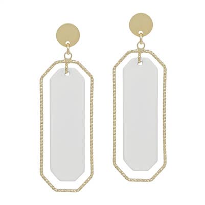 White Color Coated with Gold Outline Rectangle 2" Earring (4ST-RS2)