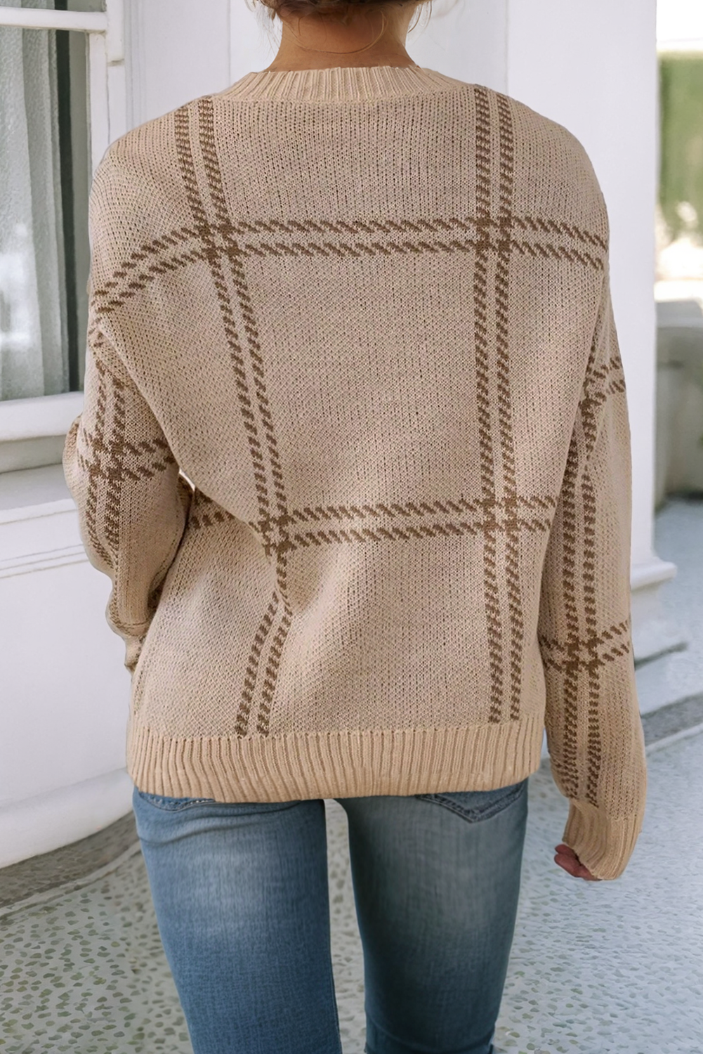 Plaid Pattern Knitted Drop Shoulder Sweater 1624